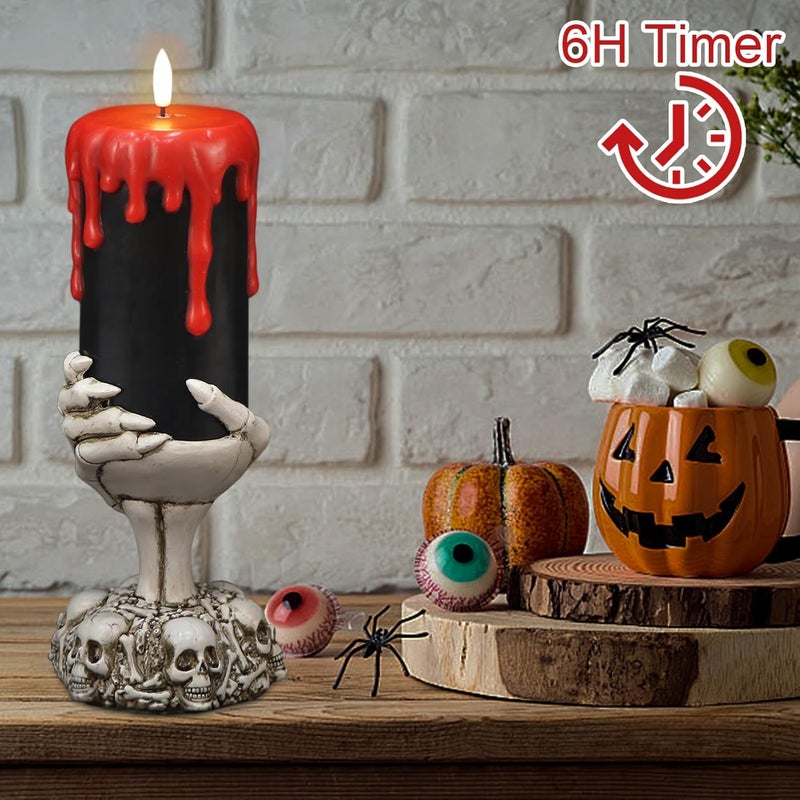 Eldnacele Halloween Flickering Flameless Candles Ghost Hand Candlesticks with Timer,Battery Operated with Red Blood Dripping 3D Wick Black Wax LED Pillar Candles Table Centerpiece Decor(4×11 Inches) - Image 3