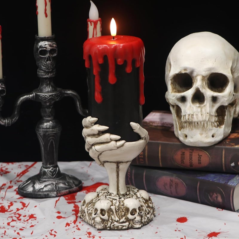 Eldnacele Halloween Flickering Flameless Candles Ghost Hand Candlesticks with Timer,Battery Operated with Red Blood Dripping 3D Wick Black Wax LED Pillar Candles Table Centerpiece Decor(4×11 Inches) - Image 4