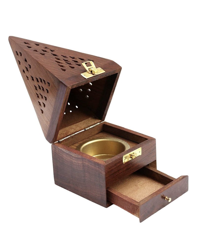 GUG Wooden Pyramid Handmade Incense Burner Stick Holder Ash Catcher Wood Home Decor Holder Agarbatti Dhoop DanBox Brown Includes Storage Compartment for Incense Sticks - Image 1