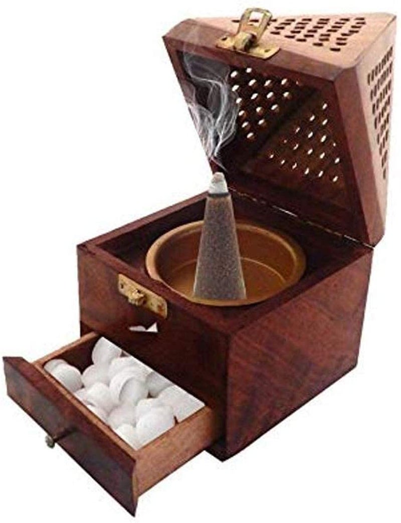 GUG Wooden Pyramid Handmade Incense Burner Stick Holder Ash Catcher Wood Home Decor Holder Agarbatti Dhoop DanBox Brown Includes Storage Compartment for Incense Sticks - Image 4
