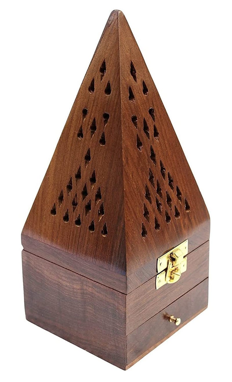 GUG Wooden Pyramid Handmade Incense Burner Stick Holder Ash Catcher Wood Home Decor Holder Agarbatti Dhoop DanBox Brown Includes Storage Compartment for Incense Sticks - Image 2