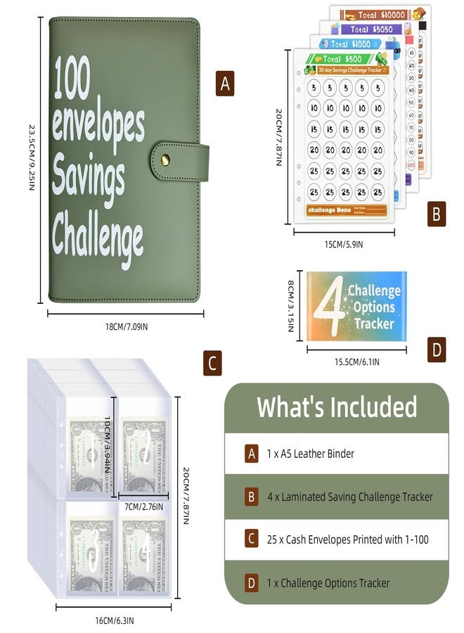 DONBAO 100 Envelopes Money Saving Challenge Binder, Fun and Easy Savings System to Save $5,050, $10,000, $500, $1,000, A5 Budget Binder Planner Book Tracker with Cash Envelopes, Guide (Olive Green) - Image 3