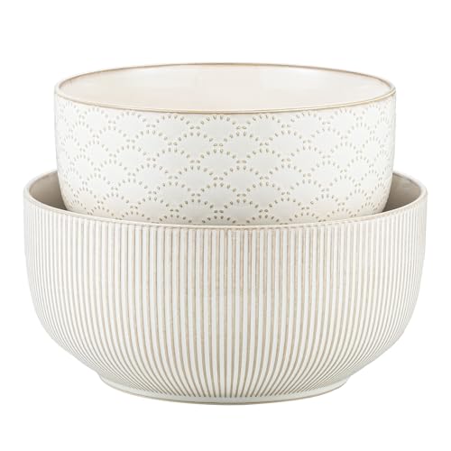 MIKIGEY Mikiegy Ceramic Mixing Bowls Set of 2, Nesting Ceramic Embossment Stoneware Mixing Bowls for Cooking, Serving, Popcorn, Salad etc, Microwave & Dishwasher Safe, 98/145 oz, Off-White - Image 1