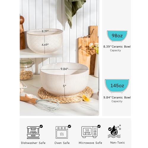 MIKIGEY Mikiegy Ceramic Mixing Bowls Set of 2, Nesting Ceramic Embossment Stoneware Mixing Bowls for Cooking, Serving, Popcorn, Salad etc, Microwave & Dishwasher Safe, 98/145 oz, Off-White - Image 3
