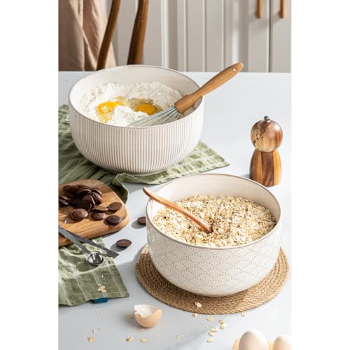MIKIGEY Mikiegy Ceramic Mixing Bowls Set of 2, Nesting Ceramic Embossment Stoneware Mixing Bowls for Cooking, Serving, Popcorn, Salad etc, Microwave & Dishwasher Safe, 98/145 oz, Off-White - Image 5