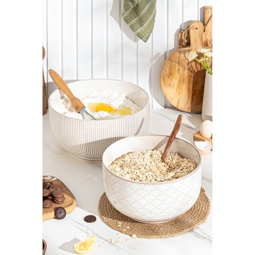 MIKIGEY Mikiegy Ceramic Mixing Bowls Set of 2, Nesting Ceramic Embossment Stoneware Mixing Bowls for Cooking, Serving, Popcorn, Salad etc, Microwave & Dishwasher Safe, 98/145 oz, Off-White - Image 4