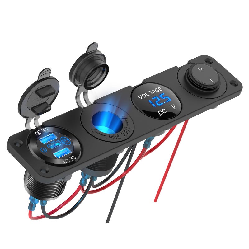 4 in 112V USB Outlet RV Accessories Marine Switch Panel Plug PD30 and Dual QC30 Car USB Port Aluminum Charger Lighted 150W Cigarette Lighter Socket Blue LED Voltmeter and Toggle Switch DIY Kit