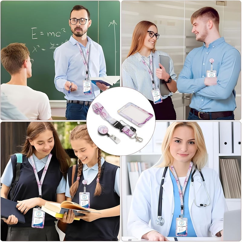 حامل بطاقة هوية قابل للسحب ثنائي الأبعاد بلون وردي رخامي مع تصميم تشققات وإبزيم معدني – حامل بطاقة هوية للنساء والرجال والممرضين والأطباء والمعلمين والمهنيين – إكسسوار جمالي للمكتب والمستشفى. - Image 3