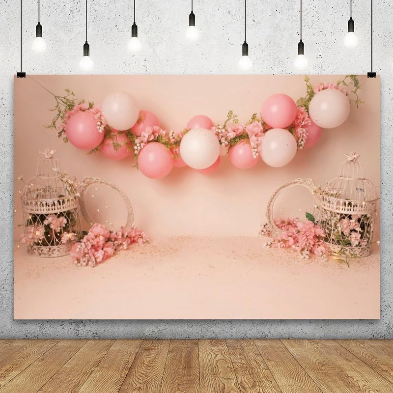 YongFoto Pink and White Balloon Banner Photography Background 5x3ft Spring Flower Pink Floral Elegant Bird Cage Photo Backdrop Wedding Photo Ceremony Birthday Party Girls Baby Portrait Studio - Image 2