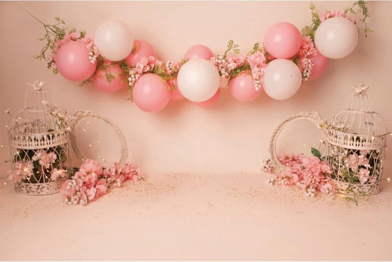 YongFoto Pink and White Balloon Banner Photography Background 5x3ft Spring Flower Pink Floral Elegant Bird Cage Photo Backdrop Wedding Photo Ceremony Birthday Party Girls Baby Portrait Studio - Image 1