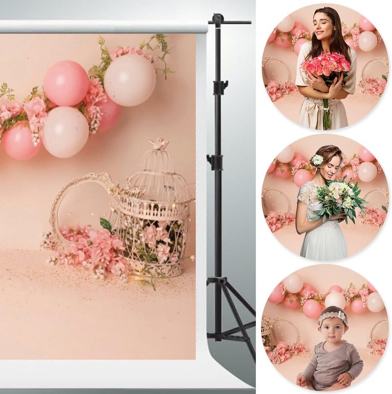 YongFoto Pink and White Balloon Banner Photography Background 5x3ft Spring Flower Pink Floral Elegant Bird Cage Photo Backdrop Wedding Photo Ceremony Birthday Party Girls Baby Portrait Studio - Image 5
