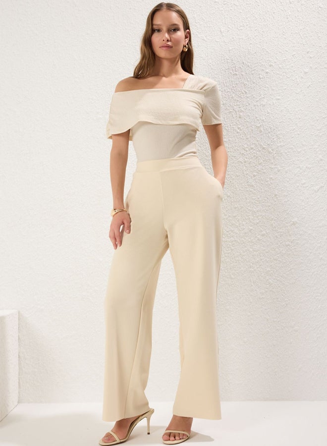 trendyol Light Yellow Plain Front Elastic Back Straight Cut High Waist Knitted Trousers - Image 2