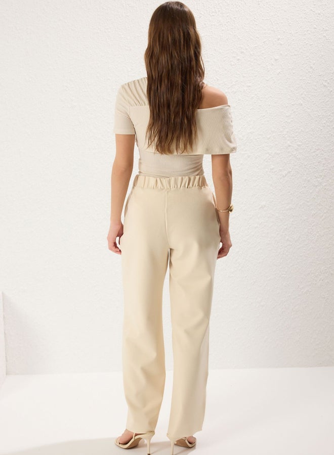trendyol Light Yellow Plain Front Elastic Back Straight Cut High Waist Knitted Trousers - Image 5