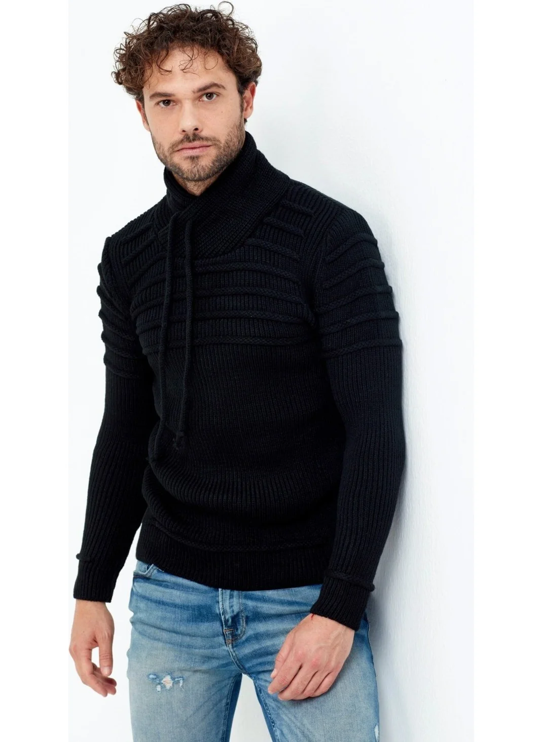 Cool Tarz Cool Style Men's Black Shawl Collar Chest Striped Knitwear Sweater