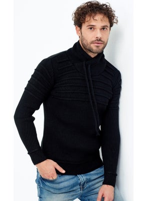 Cool Tarz Cool Style Men's Black Shawl Collar Chest Striped Knitwear Sweater  - Image 2