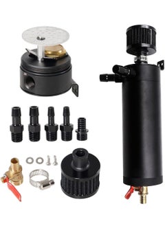Uwals Universal 750ml 2-Port Oil Catch Can Tank Kit Polish Baffled Reservoir with Breather Filter with 3/8" Fuel Line,Aluminum,Black,with Drain Valve  - Image 1