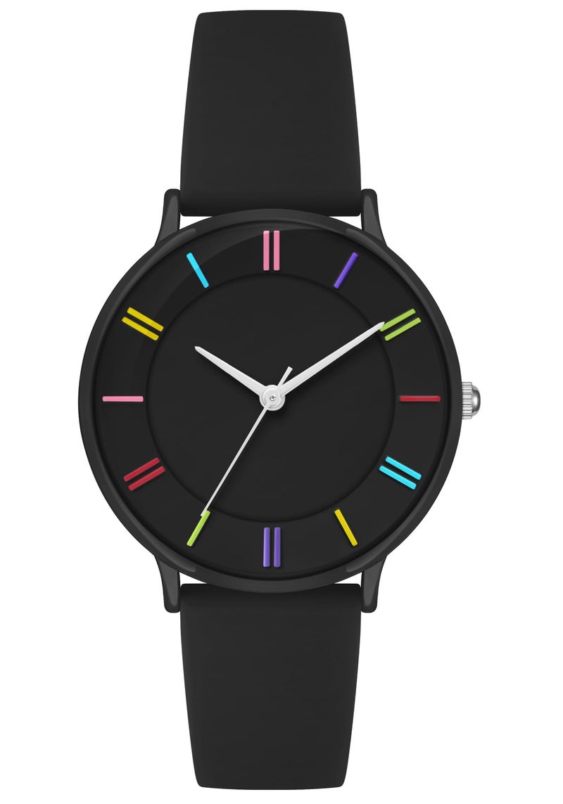 Bisley 38mm Black Watch for Women Silicone Strap Rainbow Dial Easy Reader Wrist Watch for Ladies - Image 1