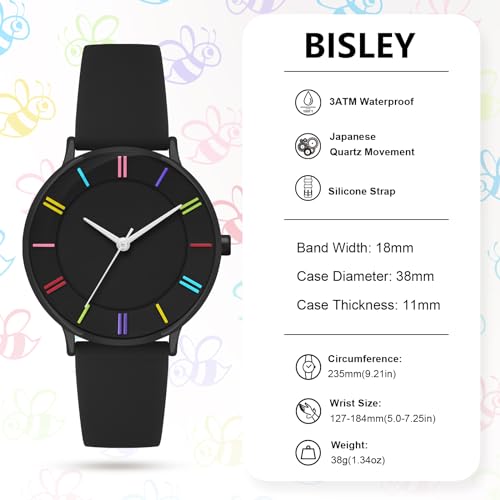 Bisley 38mm Black Watch for Women Silicone Strap Rainbow Dial Easy Reader Wrist Watch for Ladies - Image 5