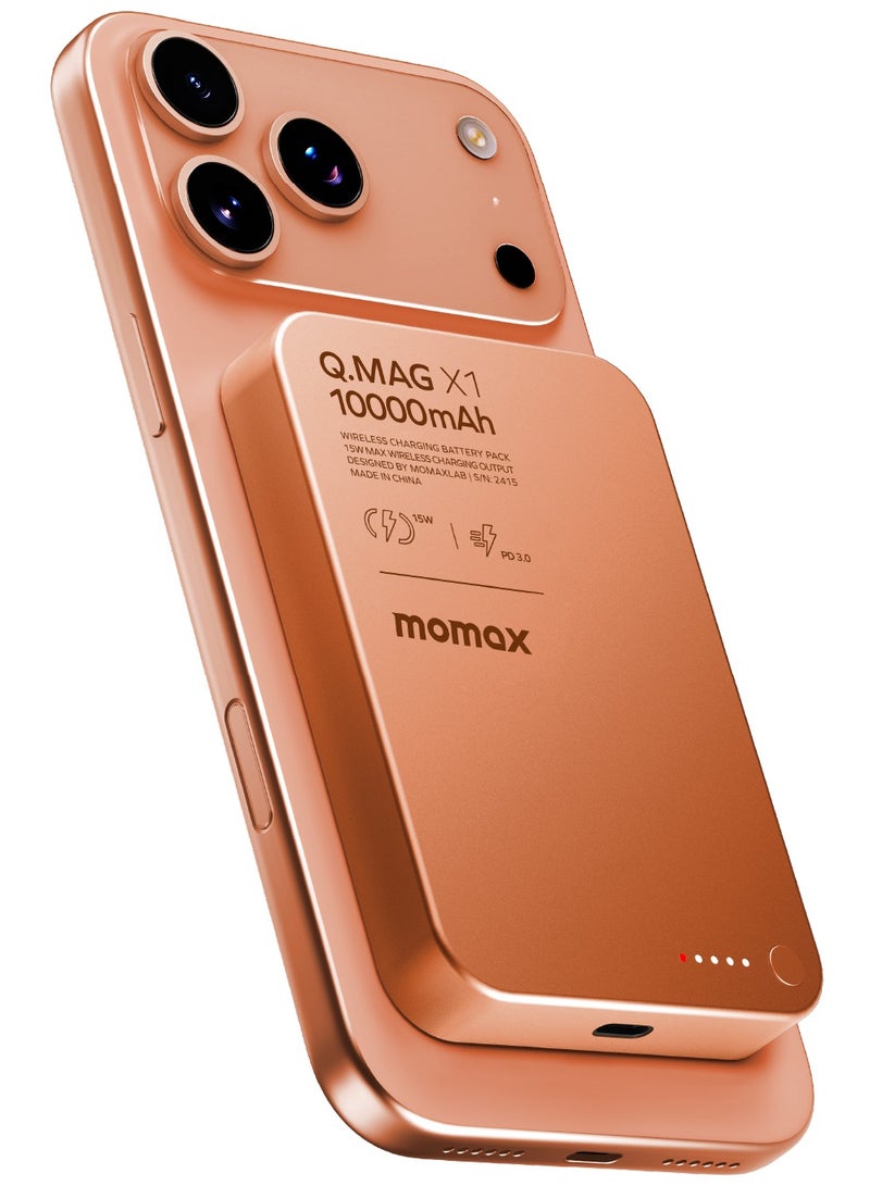 Momax Q.Mag X 10000 مللي أمبير ساعة بطارية مغناطيسية لاسلكية حزمة USB-C حتى 15 واط PD خروج - برتقالي كوني - Image 1