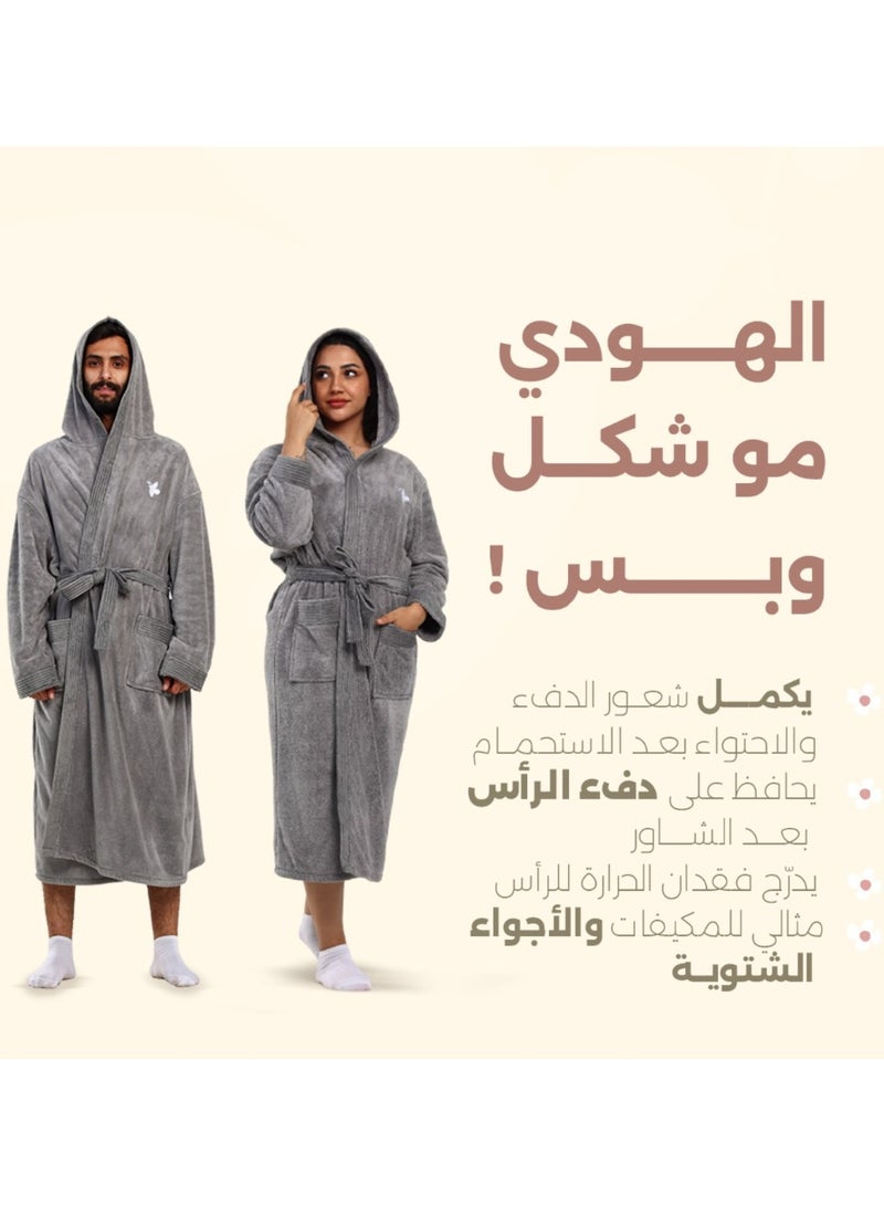 Relef Hooded Bathrobe for Men & Women, Ultra Soft Coral Fleece Robe, Quick Dry Absorbent Spa Bathrobe, Hotel Luxury Home Robe with Hood - Dark Grey - Image 4