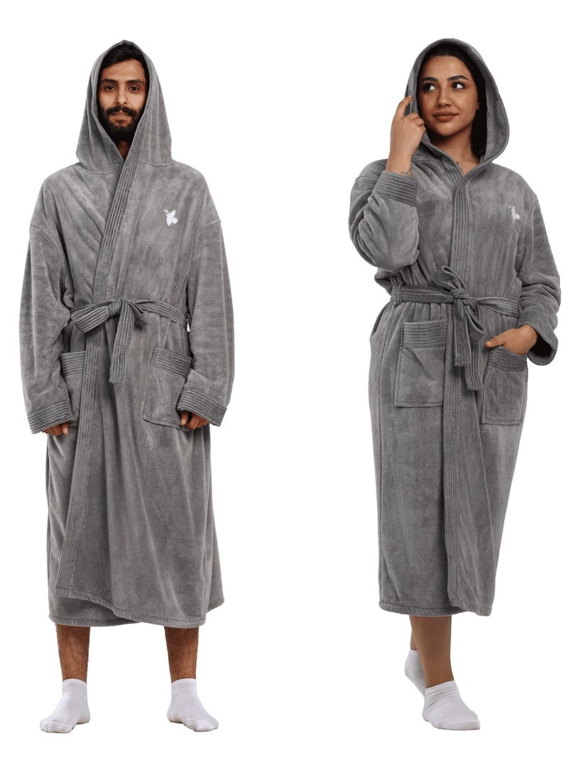 Relef Hooded Bathrobe for Men & Women, Ultra Soft Coral Fleece Robe, Quick Dry Absorbent Spa Bathrobe, Hotel Luxury Home Robe with Hood - Dark Grey - Image 3