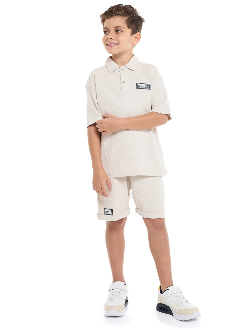 victor and jane Oversized - Boys' Jacquard 2-Piece Set - Polo T-Shirt with Label Detail and matching Shorts with Pockets,