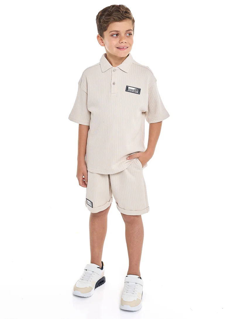 victor and jane Oversized - Boys' Jacquard 2-Piece Set - Polo T-Shirt with Label Detail and matching Shorts with Pockets,