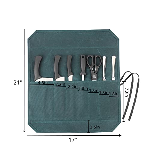 Denifiter Heavy Duty Waxed Canvas Chef Knife Storage Roll Bag With 7 Slots, Waterproof And Durable (Dark Green) - Image 2