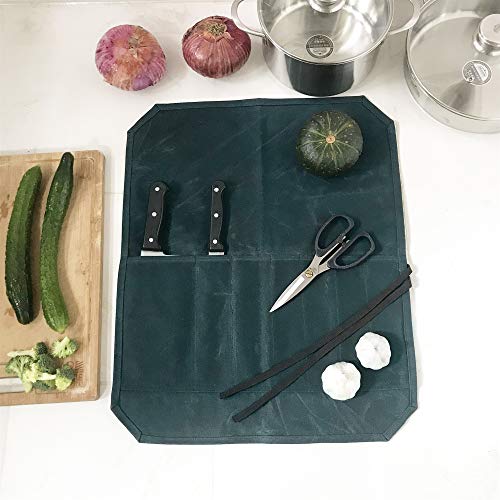 Denifiter Heavy Duty Waxed Canvas Chef Knife Storage Roll Bag With 7 Slots, Waterproof And Durable (Dark Green) - Image 5