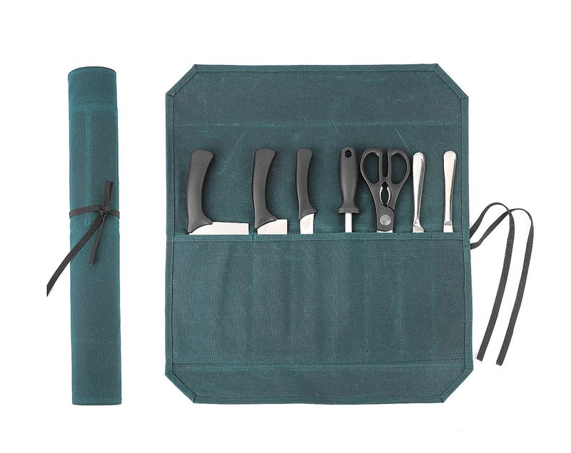 Denifiter Heavy Duty Waxed Canvas Chef Knife Storage Roll Bag With 7 Slots, Waterproof And Durable (Dark Green) - Image 1