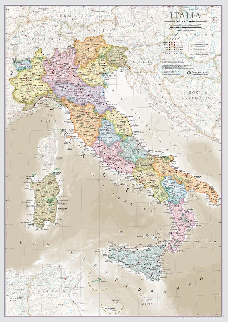 Maps International - Italy Map - Classic Italy Map Poster - Single Side Laminated - 16.5 x 23.4 inches - Image 1