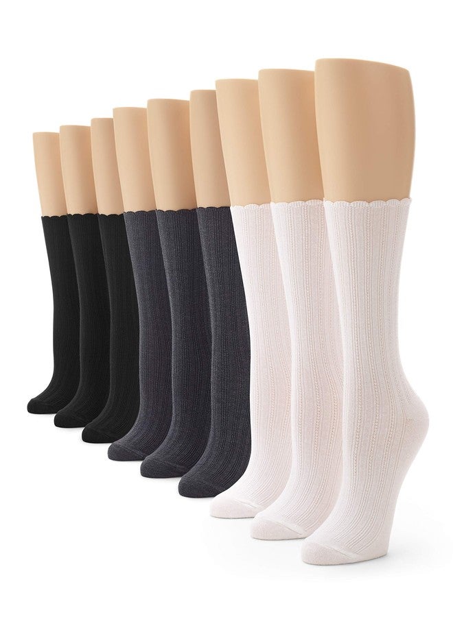 لا معنى جوارب نسائية من No nonsense بتصميم Scallop Pointelle Crew، تشكيلة متنوعة - عبوة من 9 أزواج، مقاس 4-10 أمريكي - Image 1