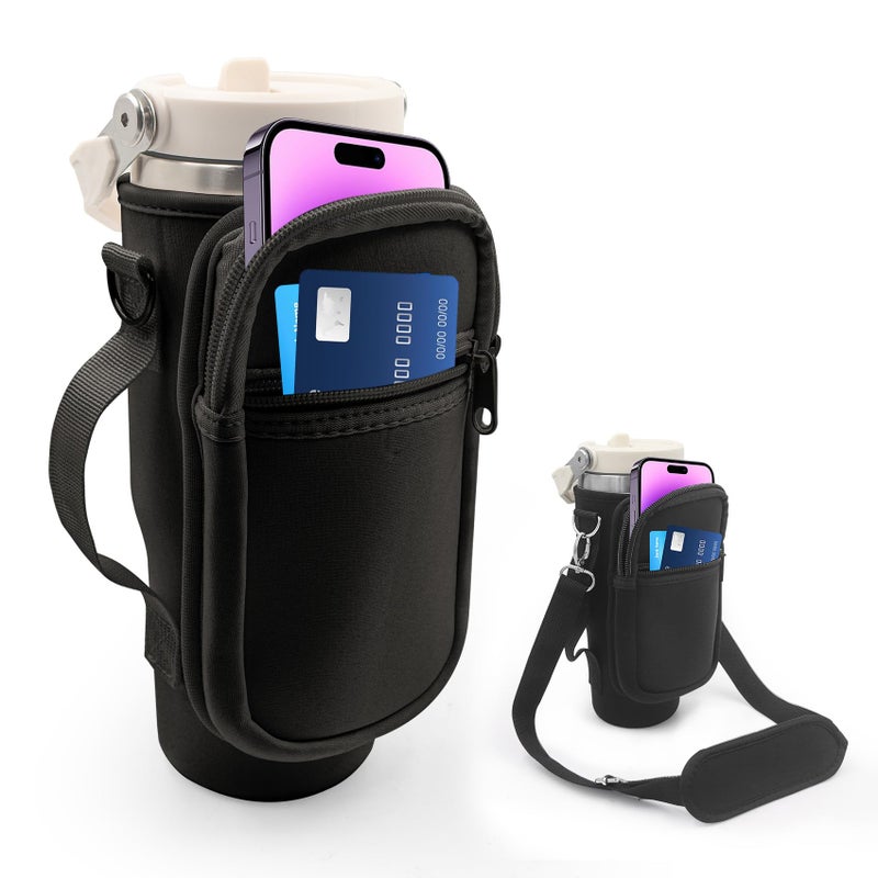 Taladad for Stanley Iceflow Flip Straw Tumbler 30 oz, Water Bottle Cup Holder Cover Carrier Sling Bag with Strap, Pouch Pocket for Phone / Accessories, add Handle for Stanley Flip Straw, Neoprene (Black)  - Image 1