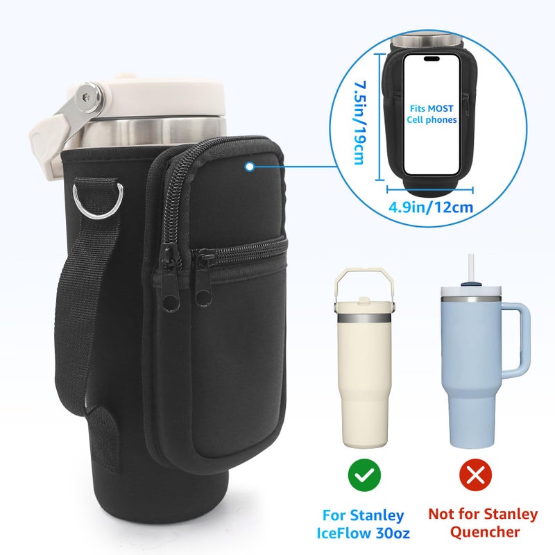 Taladad for Stanley Iceflow Flip Straw Tumbler 30 oz, Water Bottle Cup Holder Cover Carrier Sling Bag with Strap, Pouch Pocket for Phone / Accessories, add Handle for Stanley Flip Straw, Neoprene (Black)  - Image 2