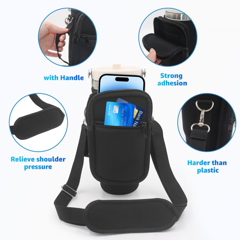 Taladad for Stanley Iceflow Flip Straw Tumbler 30 oz, Water Bottle Cup Holder Cover Carrier Sling Bag with Strap, Pouch Pocket for Phone / Accessories, add Handle for Stanley Flip Straw, Neoprene (Black)  - Image 5