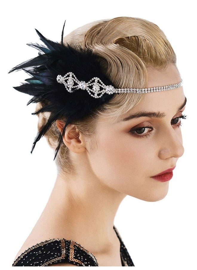 SWEETV Flapper Headband 1920S Headpiece, Rhinestone Feather Roaring 20S Great Gatsby Hair Accessories For Women,Black  - Image 1