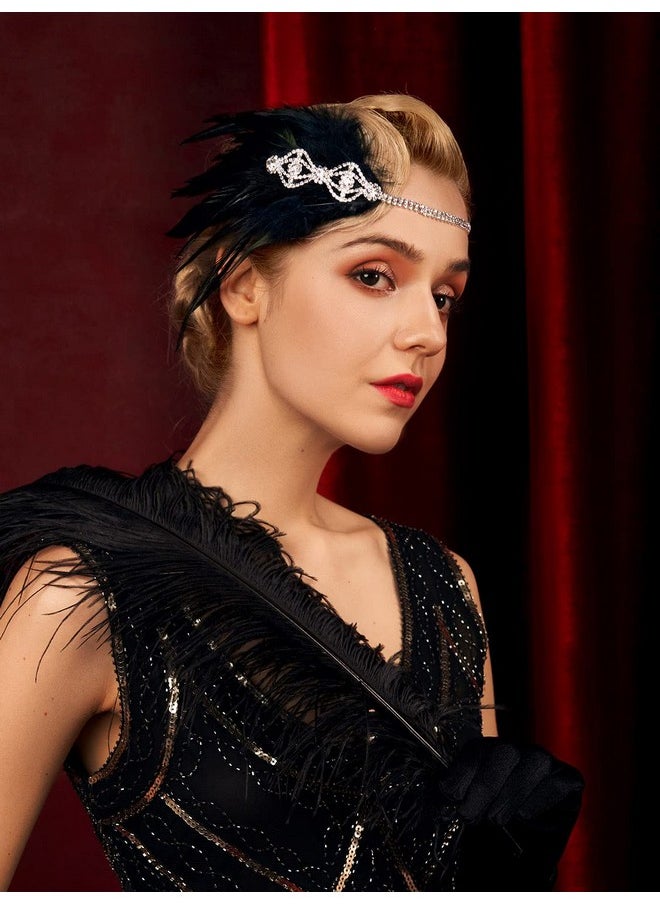 SWEETV Flapper Headband 1920S Headpiece, Rhinestone Feather Roaring 20S Great Gatsby Hair Accessories For Women,Black  - Image 3