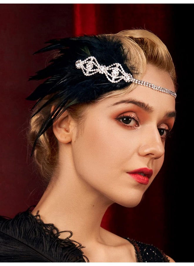 SWEETV Flapper Headband 1920S Headpiece, Rhinestone Feather Roaring 20S Great Gatsby Hair Accessories For Women,Black  - Image 2