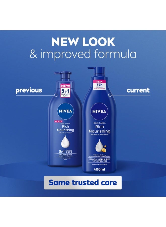 NIVEA Body Lotion Rich Nourishing, for Dry Skin,  5in1 Complete Care, 72H Intense Moisture, 400ml - Image 4