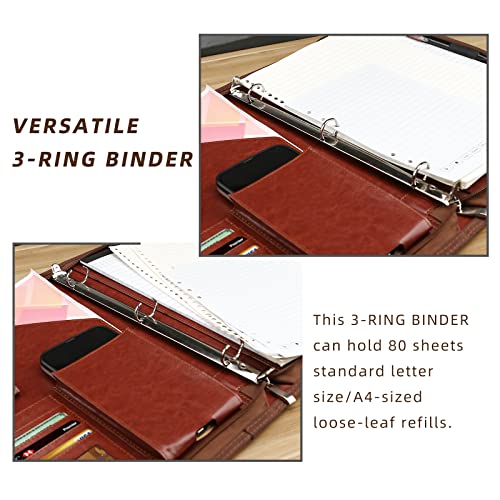 WRIYES Zippered Portfolio Organizer, WRIYES Leather Padfolio with 3 Ring Binder, Professional Business Binder, Organizer for IPad/Document, Phone & Business Cards, Office Gifts for Men or Women (Brown) - Image 4