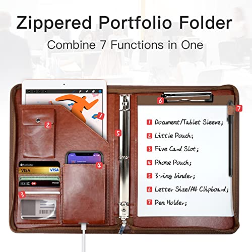 WRIYES Zippered Portfolio Organizer, WRIYES Leather Padfolio with 3 Ring Binder, Professional Business Binder, Organizer for IPad/Document, Phone & Business Cards, Office Gifts for Men or Women (Brown) - Image 2