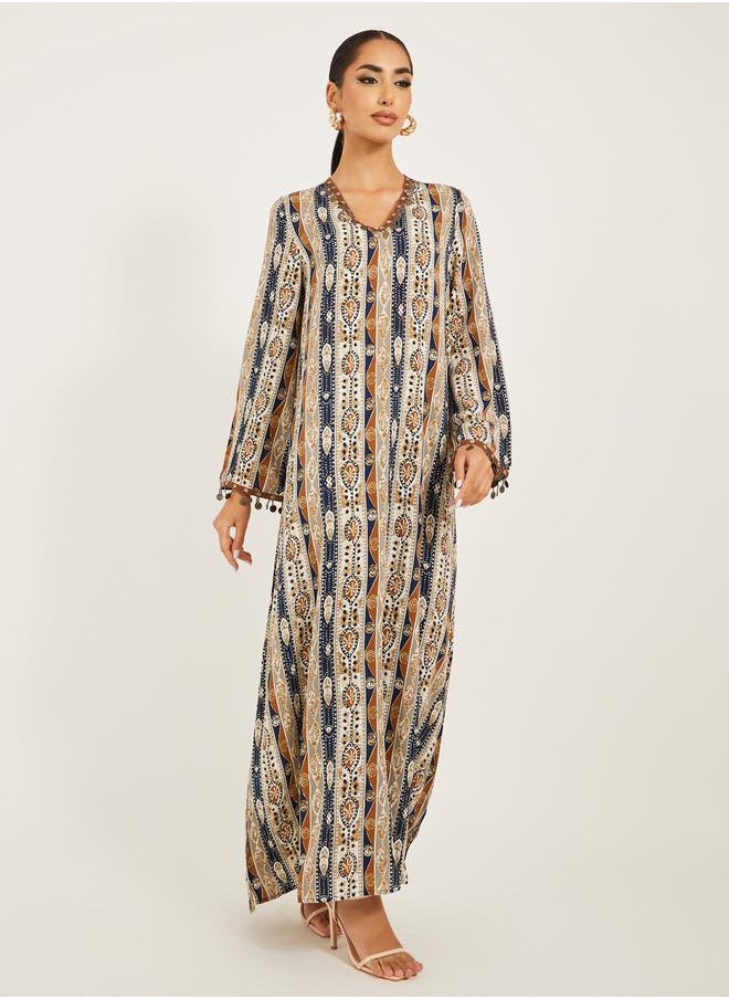 Styli - stripe pattern print A line jalabiya w/ metal tassel trim at neck and sleeve hem - Image 1