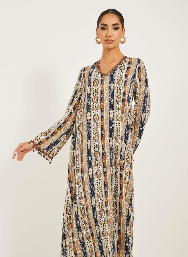 Styli stripe pattern print A line jalabiya w/ metal tassel trim at neck and sleeve hem