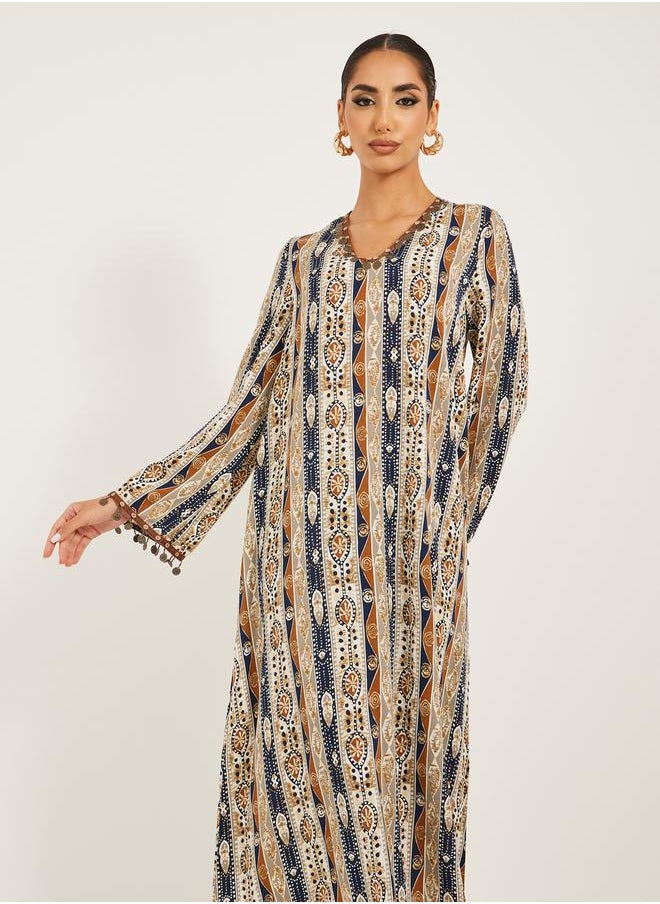 Styli - stripe pattern print A line jalabiya w/ metal tassel trim at neck and sleeve hem - Image 1