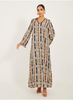 stripe pattern print A line jalabiya w/ metal tassel trim at neck and sleeve hem