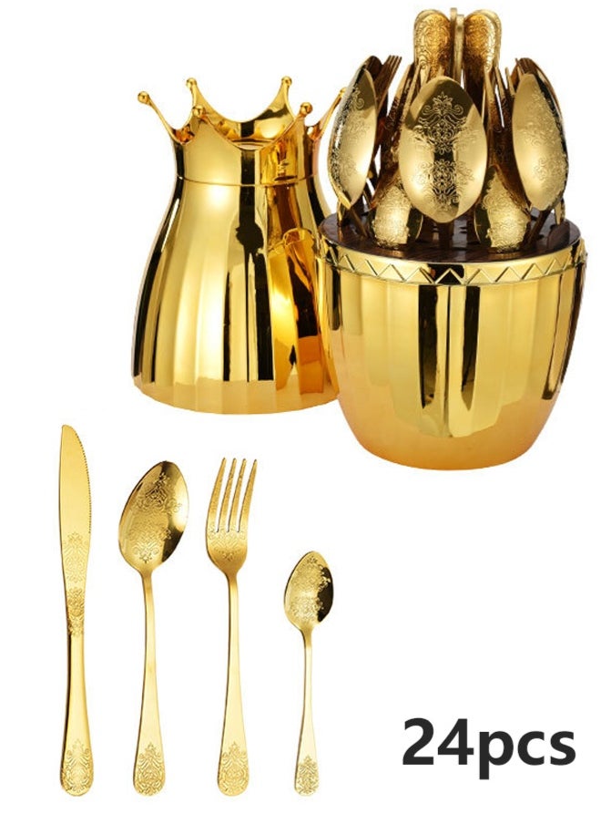 wowofa 24 Pieces Flatware Set with Crown Egg Container, Stainless Steel Tableware Cutlery Set for 6 People, Mirror-Polished Stainless Steel Knife Fork and Spoon Sets for Home and Restaurant, Dishwasher Safe  - Image 1