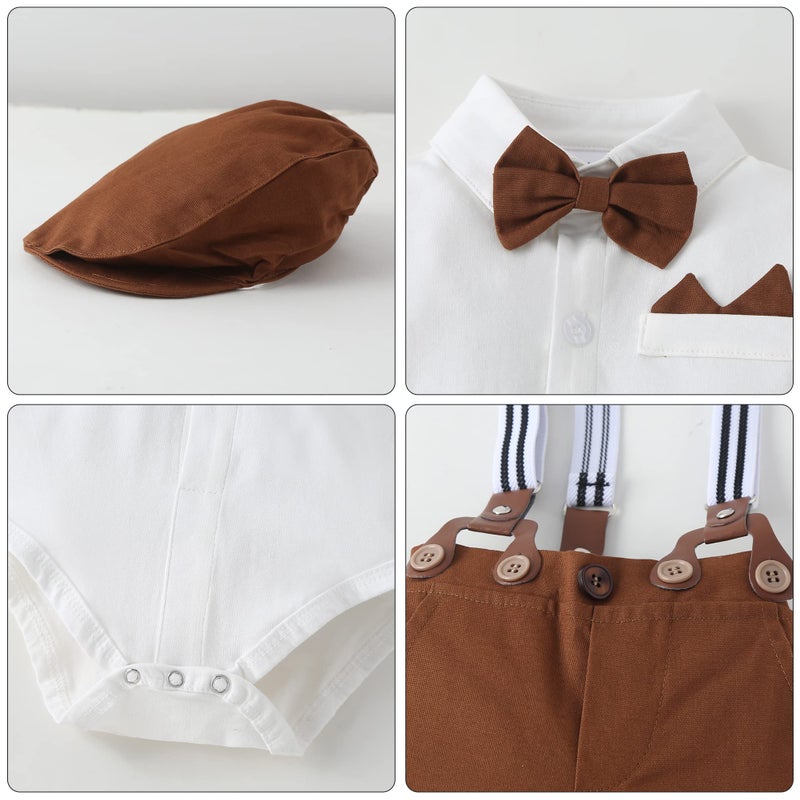 YALLET Baby Boy Clothes Set Infant Tuxedo Long Sleeve Gentleman Suit Outfits + Beret Hat + Suspender Pants + Bowtie 0-18M - Image 5