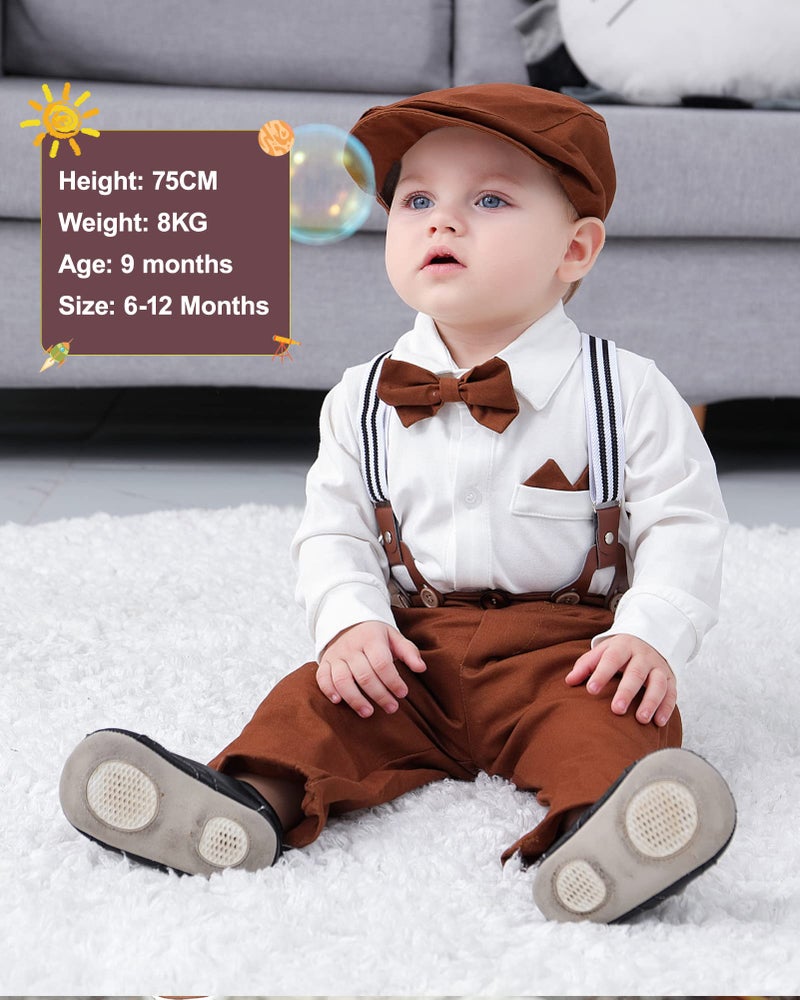 YALLET Baby Boy Clothes Set Infant Tuxedo Long Sleeve Gentleman Suit Outfits + Beret Hat + Suspender Pants + Bowtie 0-18M - Image 3