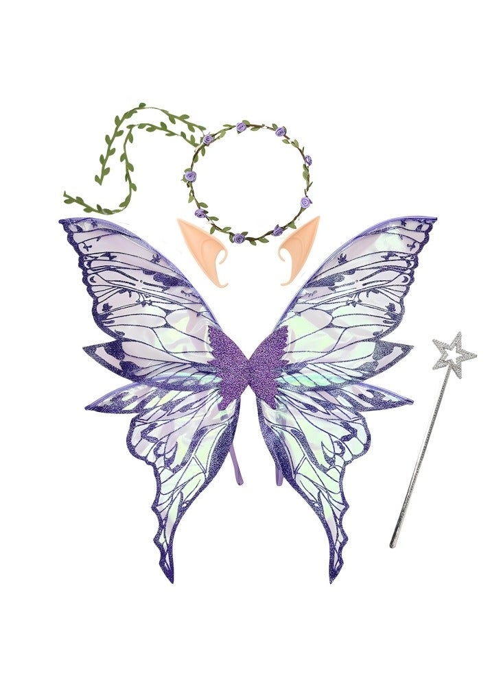 GGEROU Fairy Wings for Adults and Girls Fairy Costume Set with Floral Garland Wand and Elf Ears Butterfly Wings Purple - Image 2