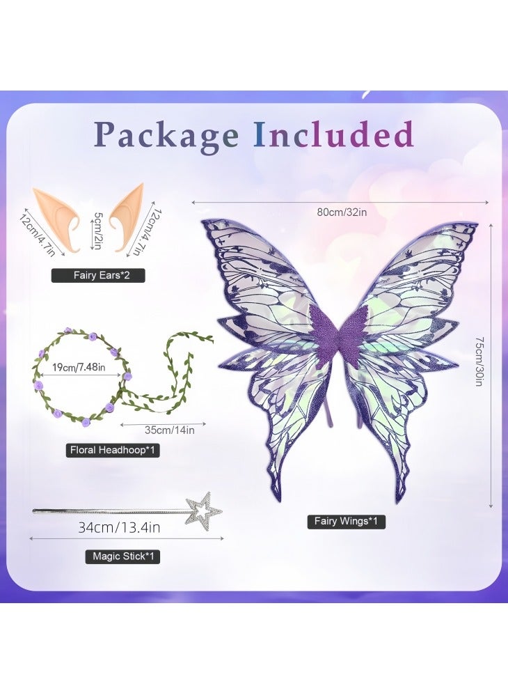 GGEROU Fairy Wings for Adults and Girls Fairy Costume Set with Floral Garland Wand and Elf Ears Butterfly Wings Purple - Image 3
